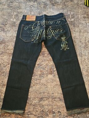 Vintage Christian Audigier Men's Printed Graphic Script Jeans
